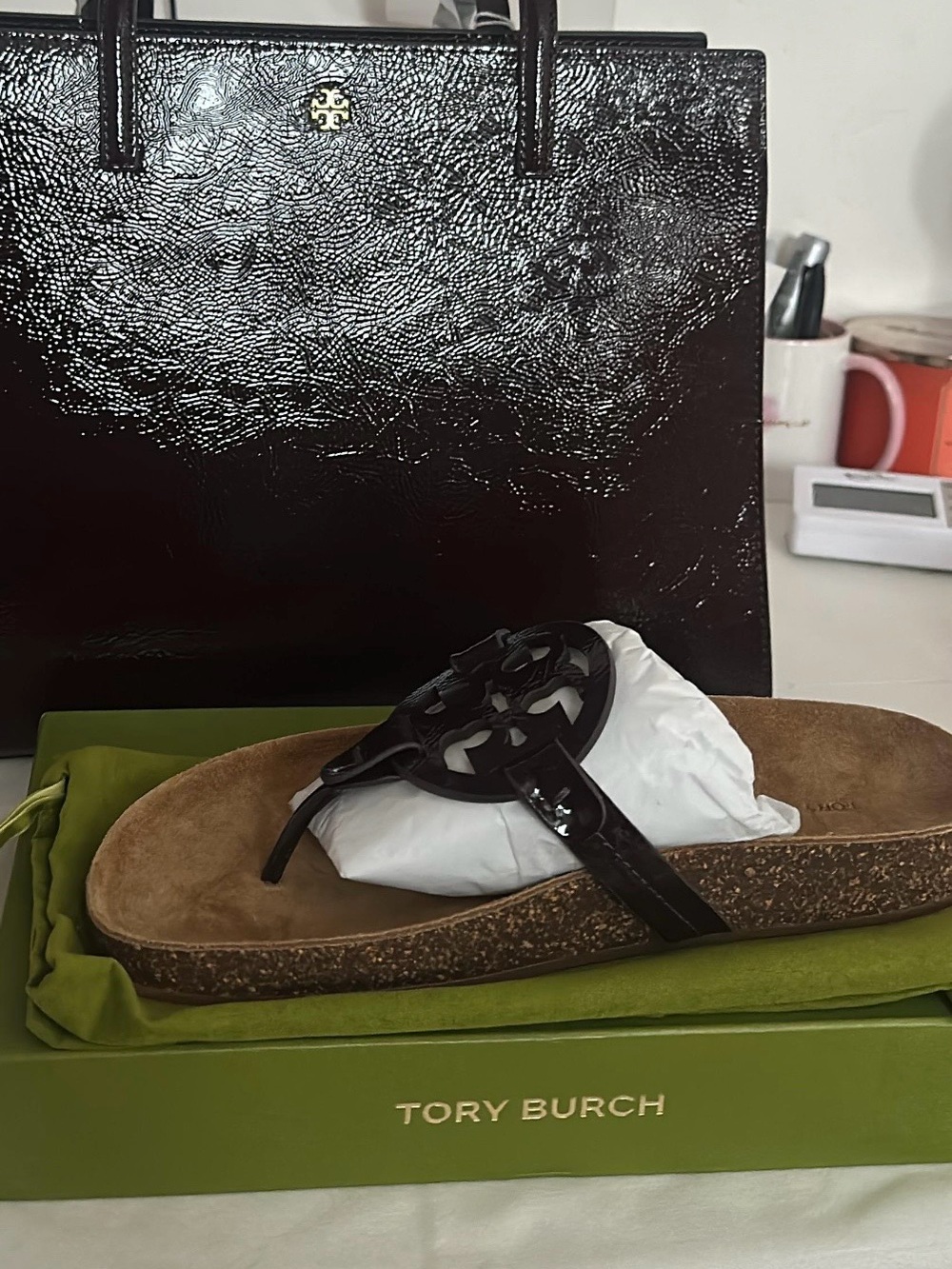 Tory Burch Patent Leather Top-Handle Tote with matching sandals